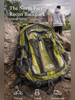 The North Face Recon Backpack Green Gray Hiking Travel Bag
